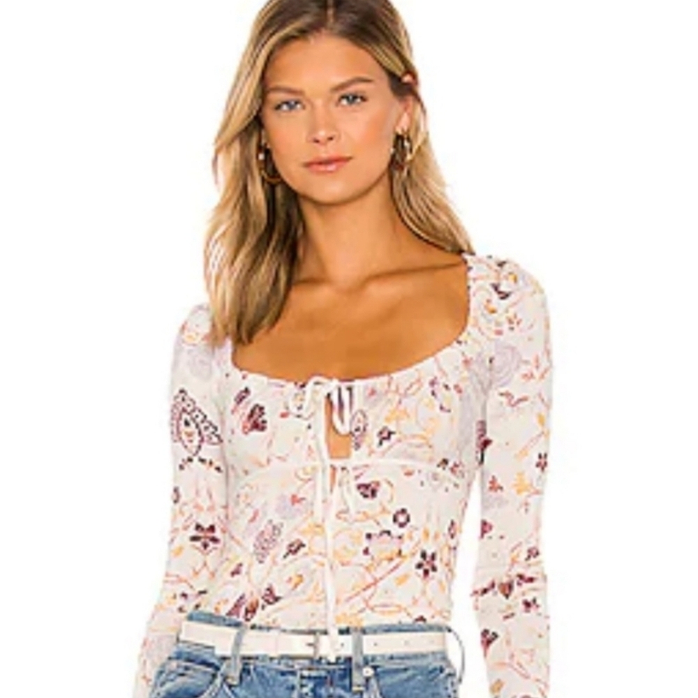 Free People Floral Lace-Up Blouse - Cream and Purple